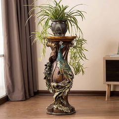 Rustic Resin Round Pedestal Plant Stand with Peacock Design Main Product Image