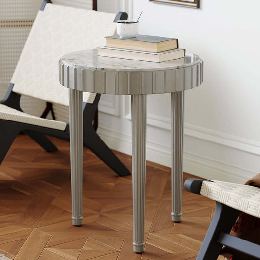 Rustic Round Side Table With Faux Marble Top, Light Gray Base Main Product Image