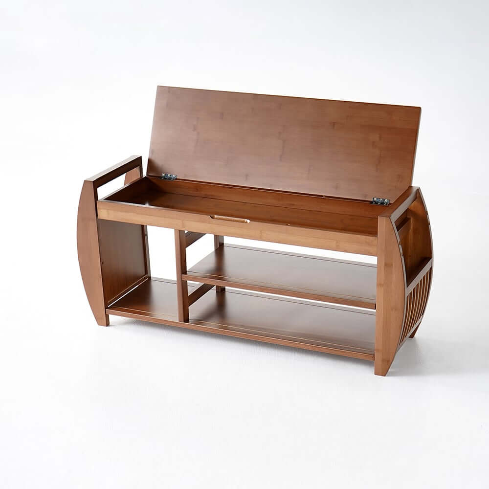 Rustic Rubberwood Entryway Bench with Flip-Top Storage and Cushioned Seat