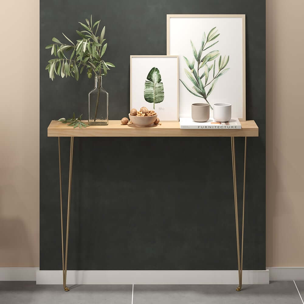 Rustic Solid Wood Console Table with Gold Metal Base