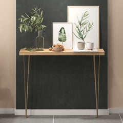 Rustic Solid Wood Console Table with Gold Metal Base