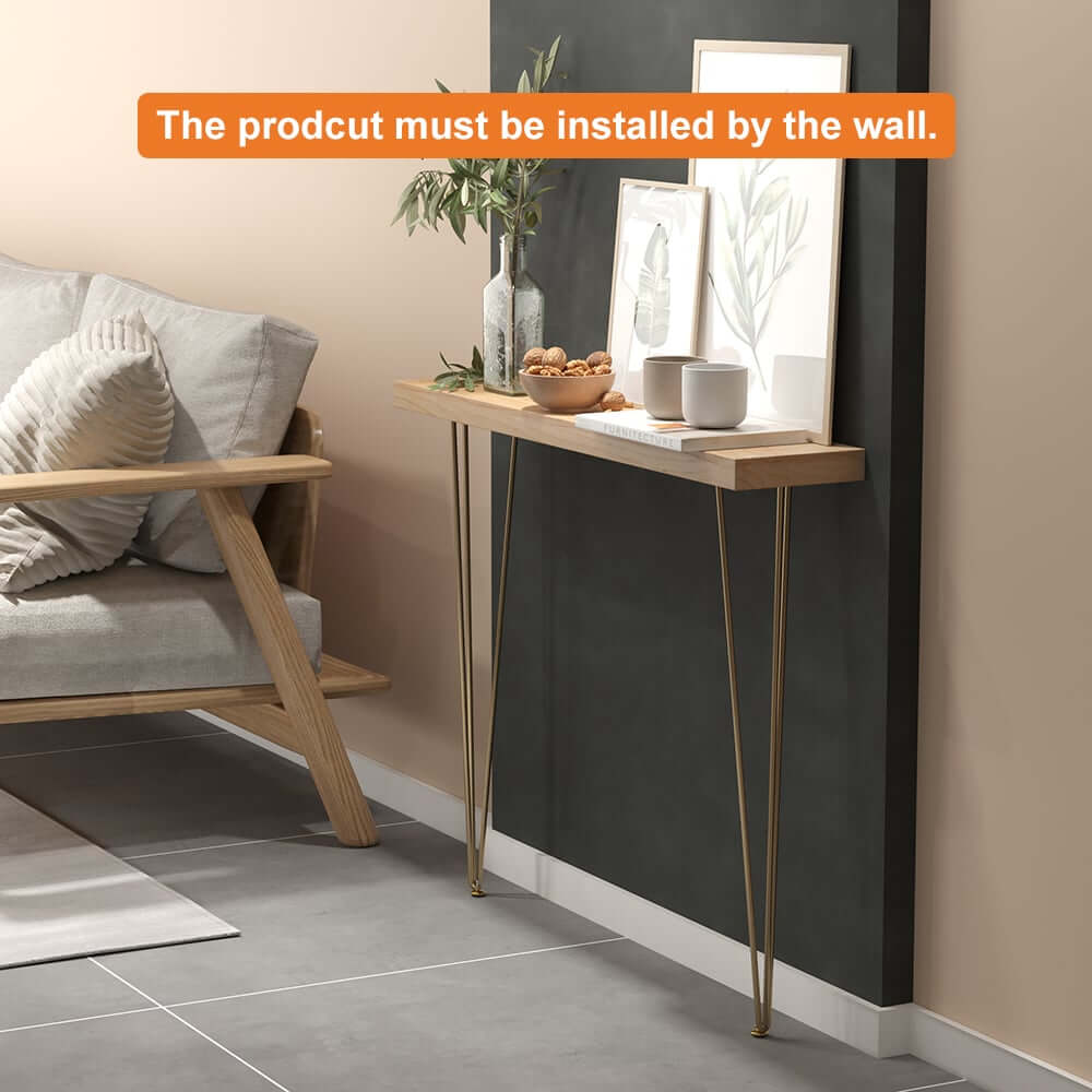 Rustic Solid Wood Console Table with Gold Metal Base