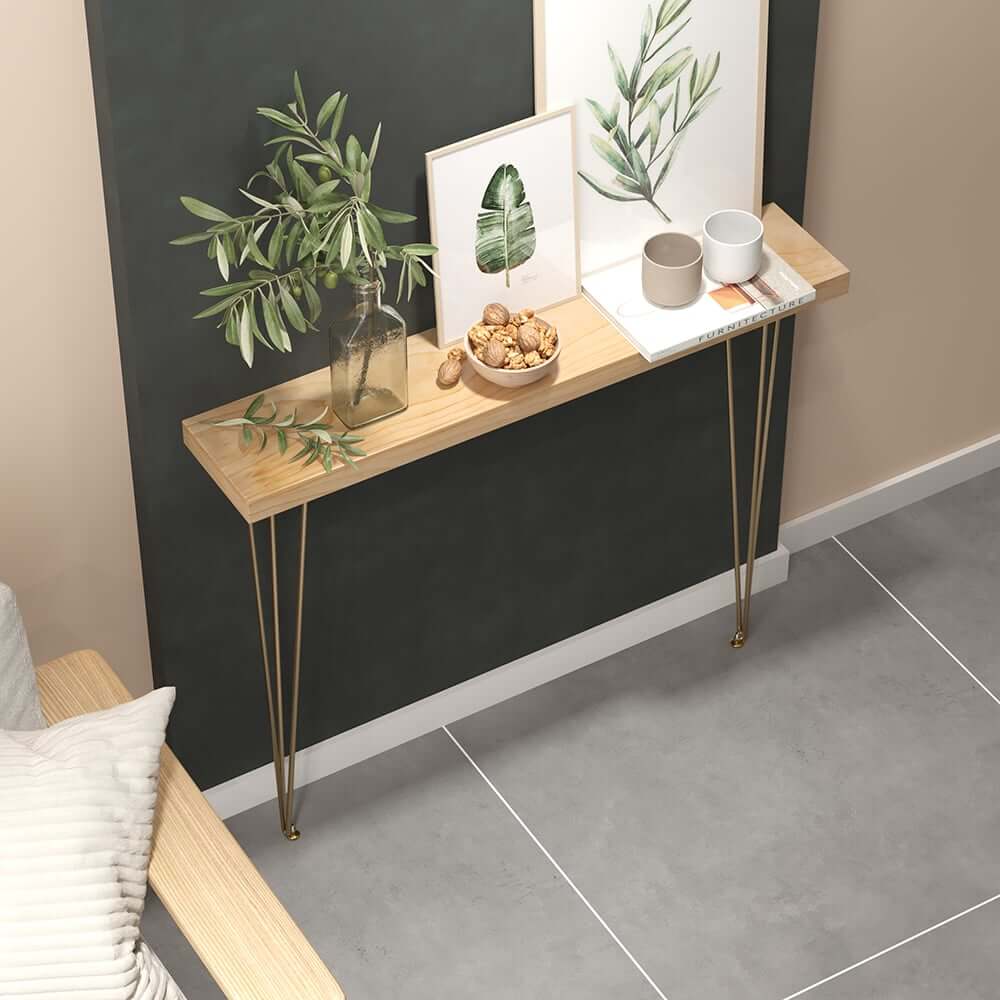 Rustic Solid Wood Console Table with Gold Metal Base