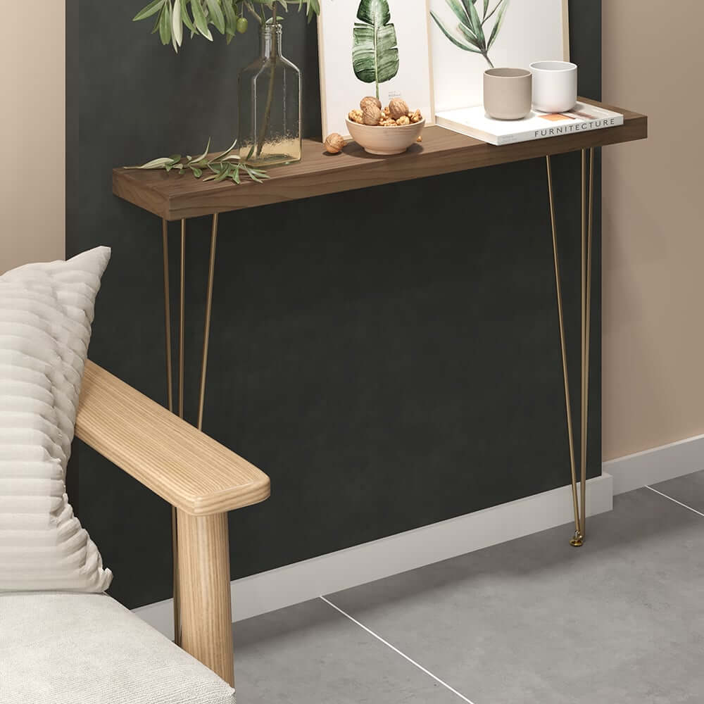 Rustic Solid Wood Console Table with Gold Metal Base
