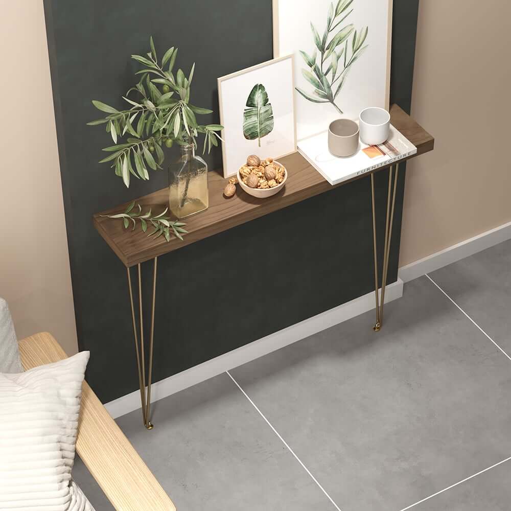 Rustic Solid Wood Console Table with Gold Metal Base