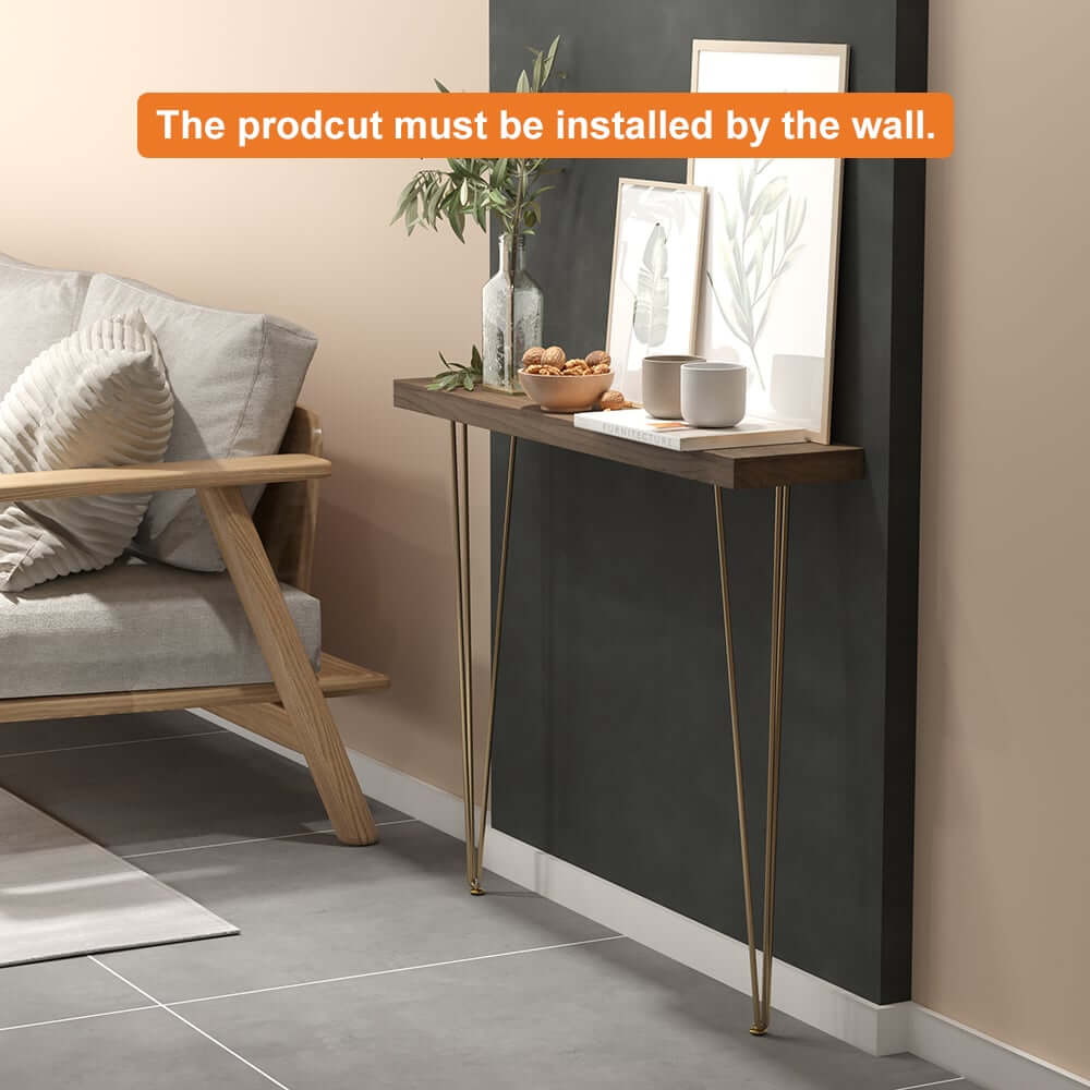 Rustic Solid Wood Console Table with Gold Metal Base