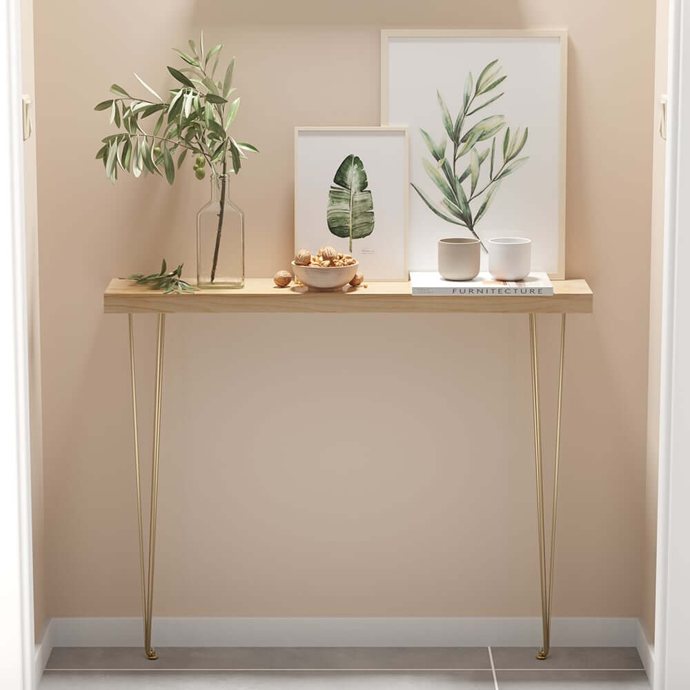 Rustic Solid Wood Console Table with Gold Metal Base