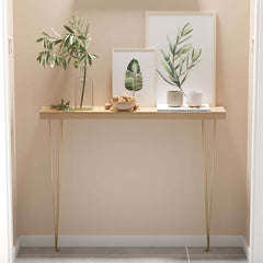 Rustic Solid Wood Console Table with Gold Metal Base