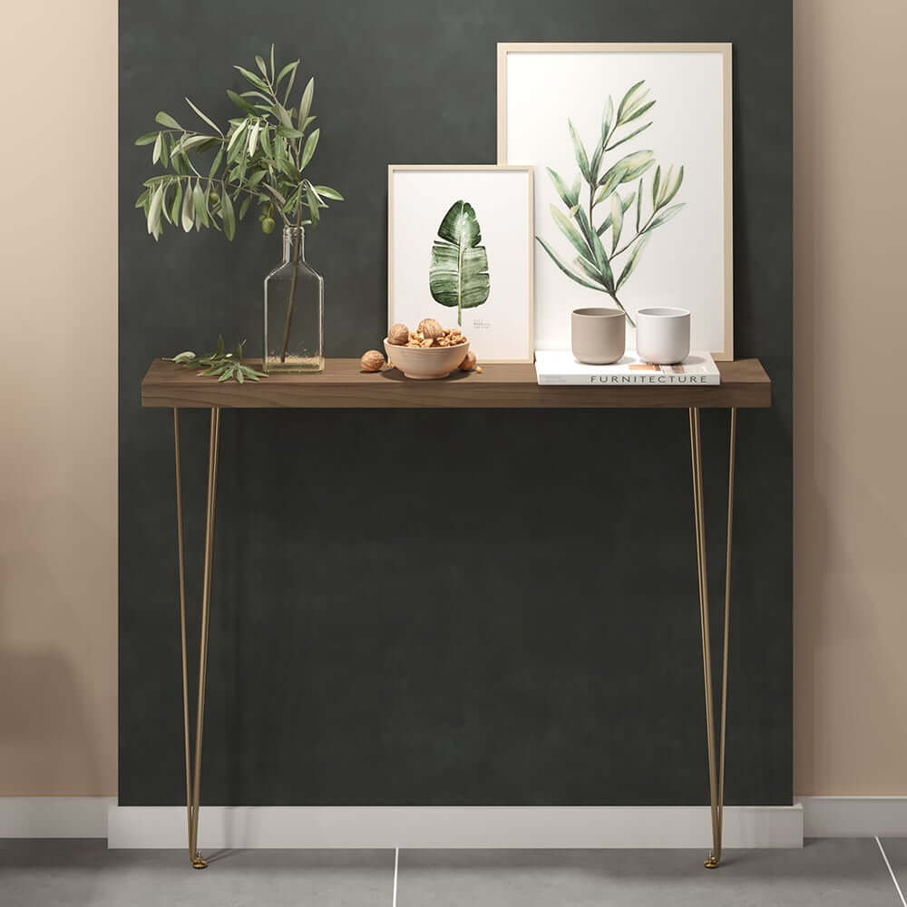 Rustic Solid Wood Console Table with Gold Metal Base