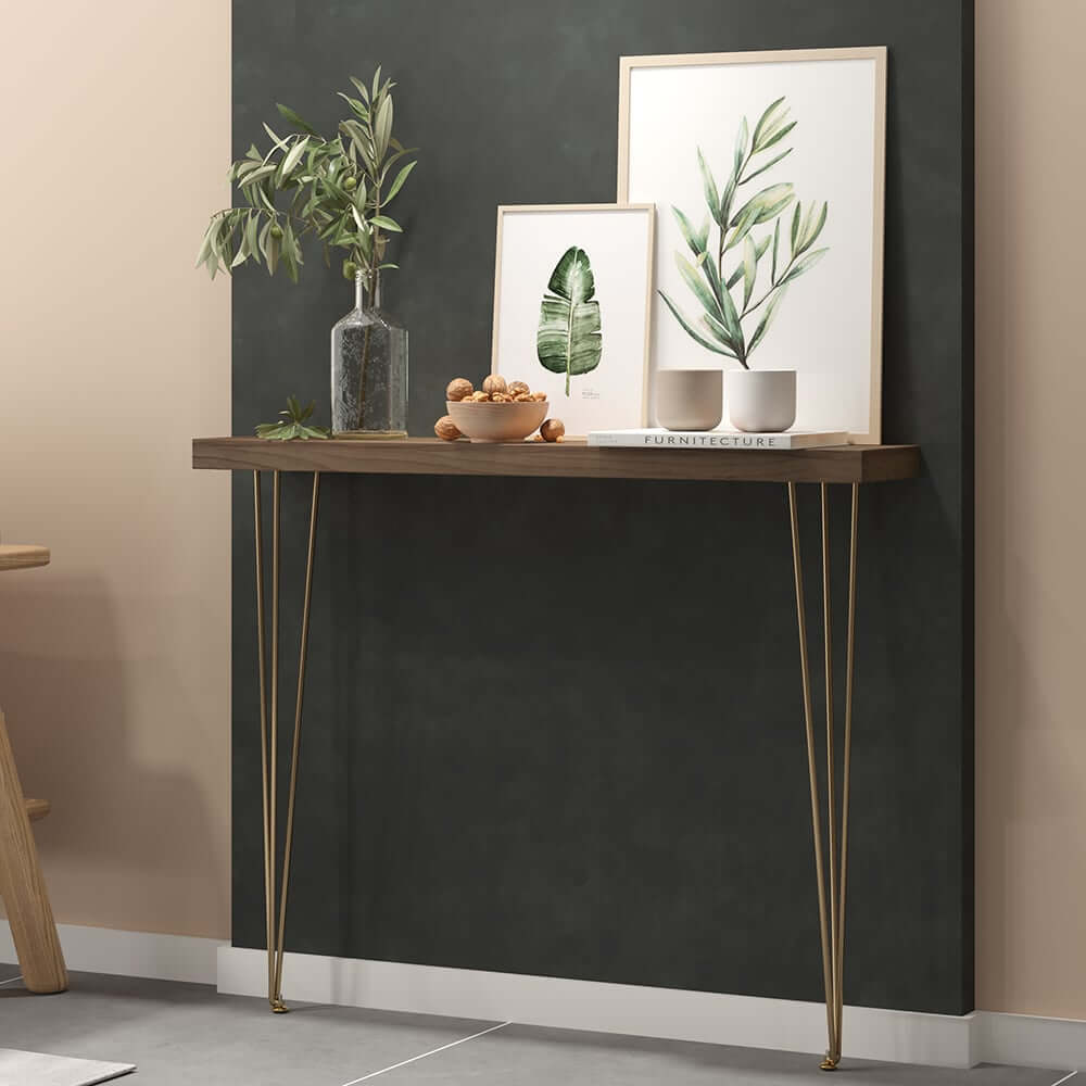 Rustic Solid Wood Console Table with Gold Metal Base
