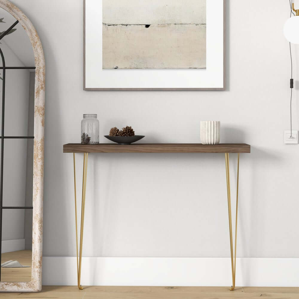 Rustic Solid Wood Console Table with Gold Metal Base
