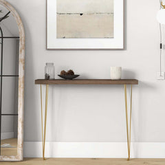 Rustic Solid Wood Console Table with Gold Metal Base
