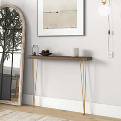 Rustic Solid Wood Console Table with Gold Metal Base