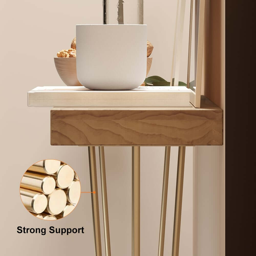 Rustic Solid Wood Console Table with Gold Metal Base