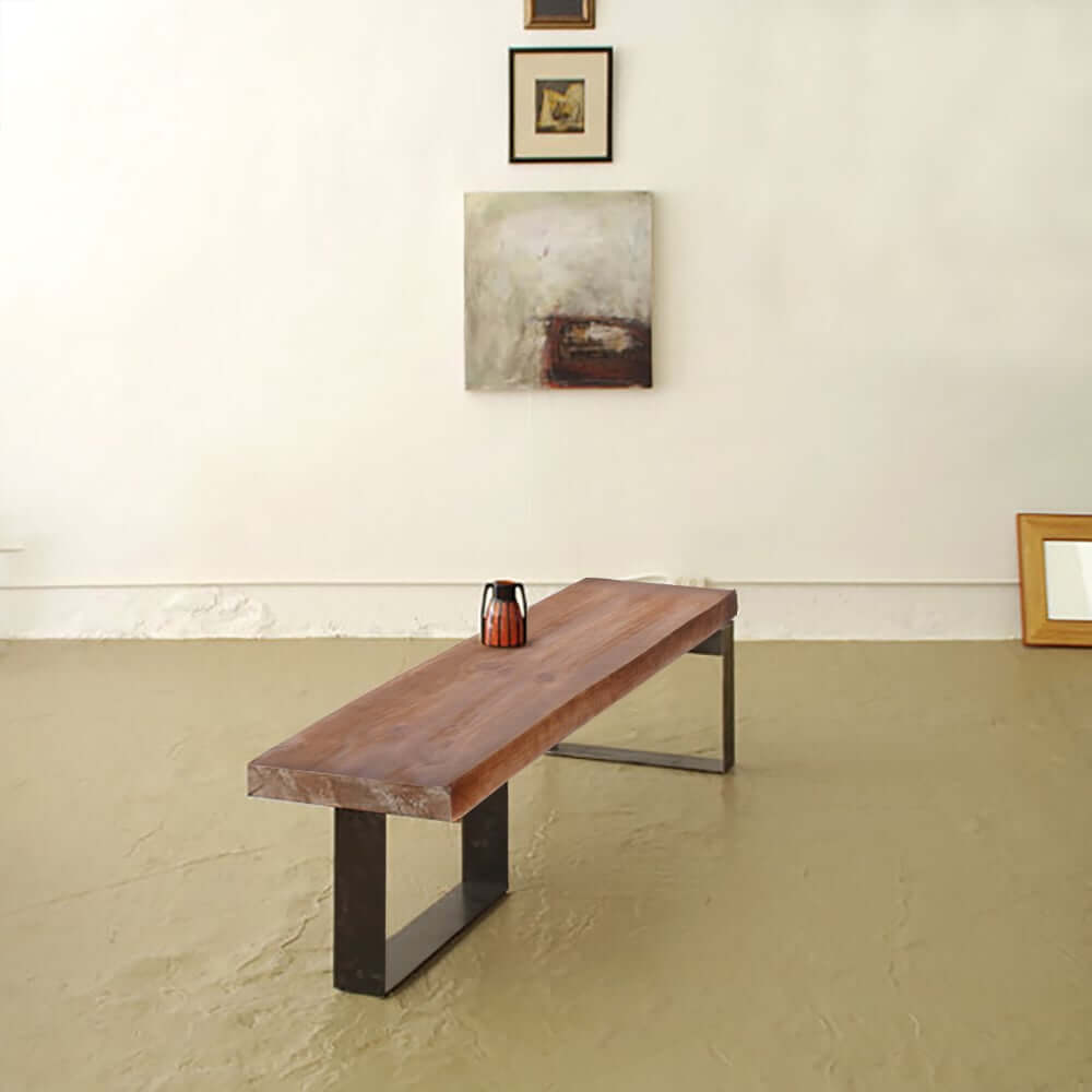 Rustic Walnut Entryway Bench with Metal Legs - Natural Wood Finish