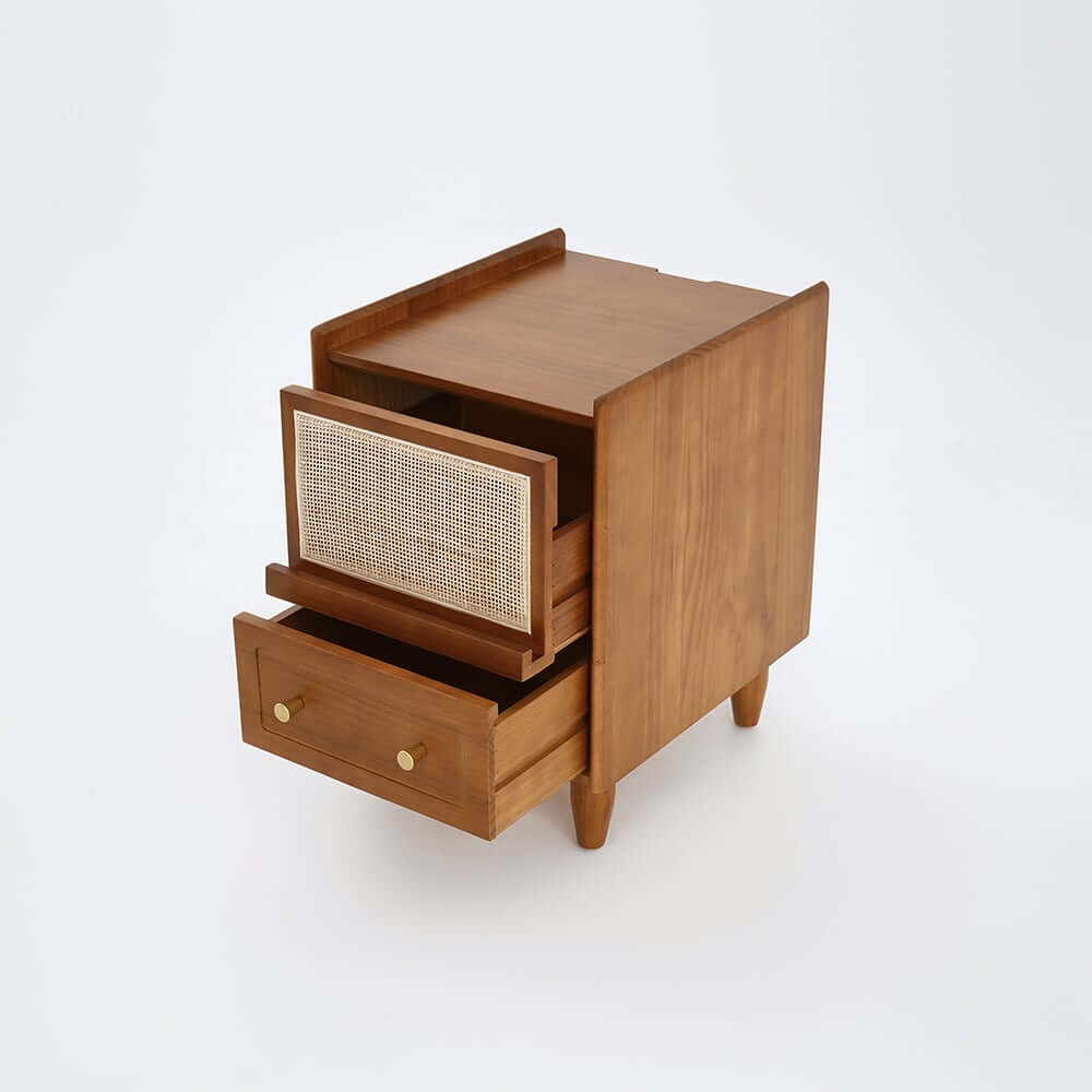 Rustic Walnut Nightstand With Drawers And Brass Handles