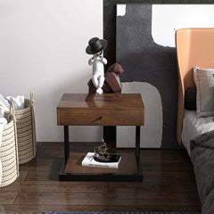 Rustic Walnut Nightstand With Pine Wood Top & Metal Frame