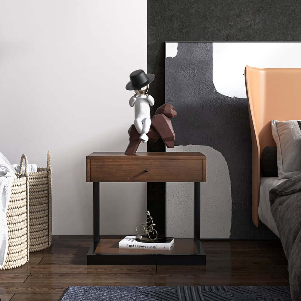 Rustic Walnut Nightstand With Pine Wood Top & Metal Frame