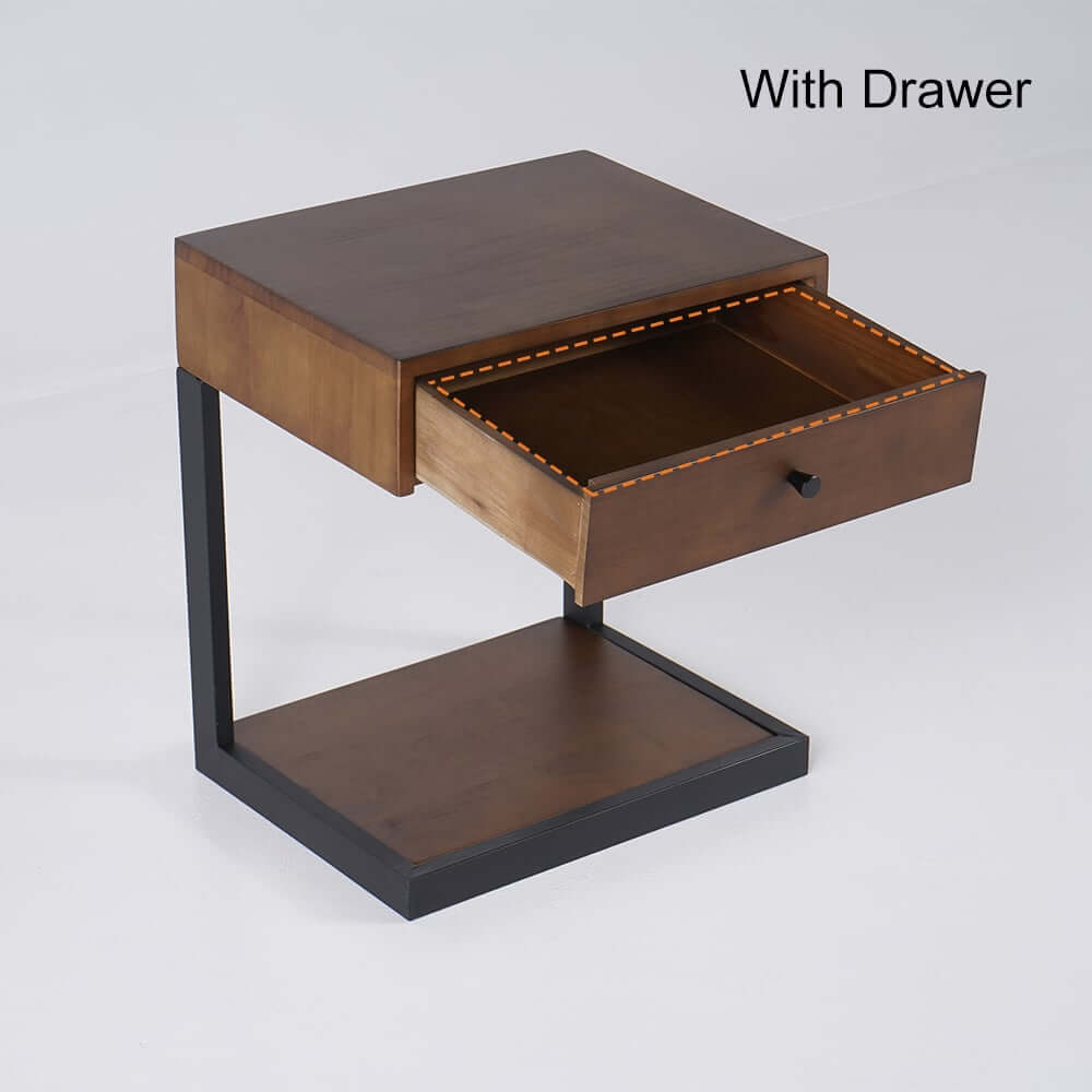 Rustic Walnut Nightstand With Pine Wood Top & Metal Frame