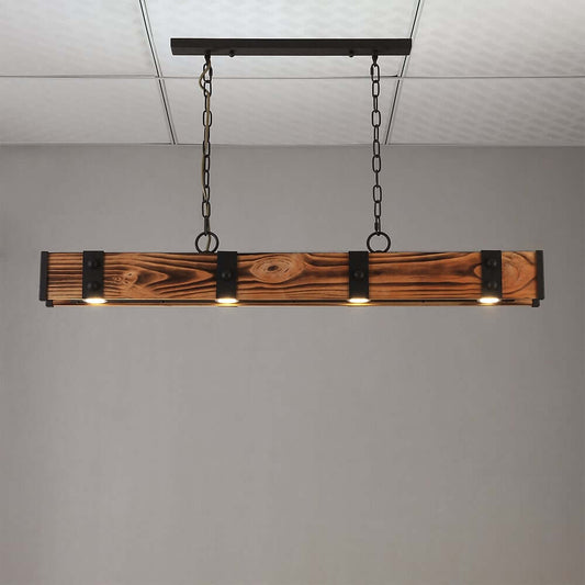 Rustic Wood 4-Light Linear Ceiling Light Fixture with Adjustable Height