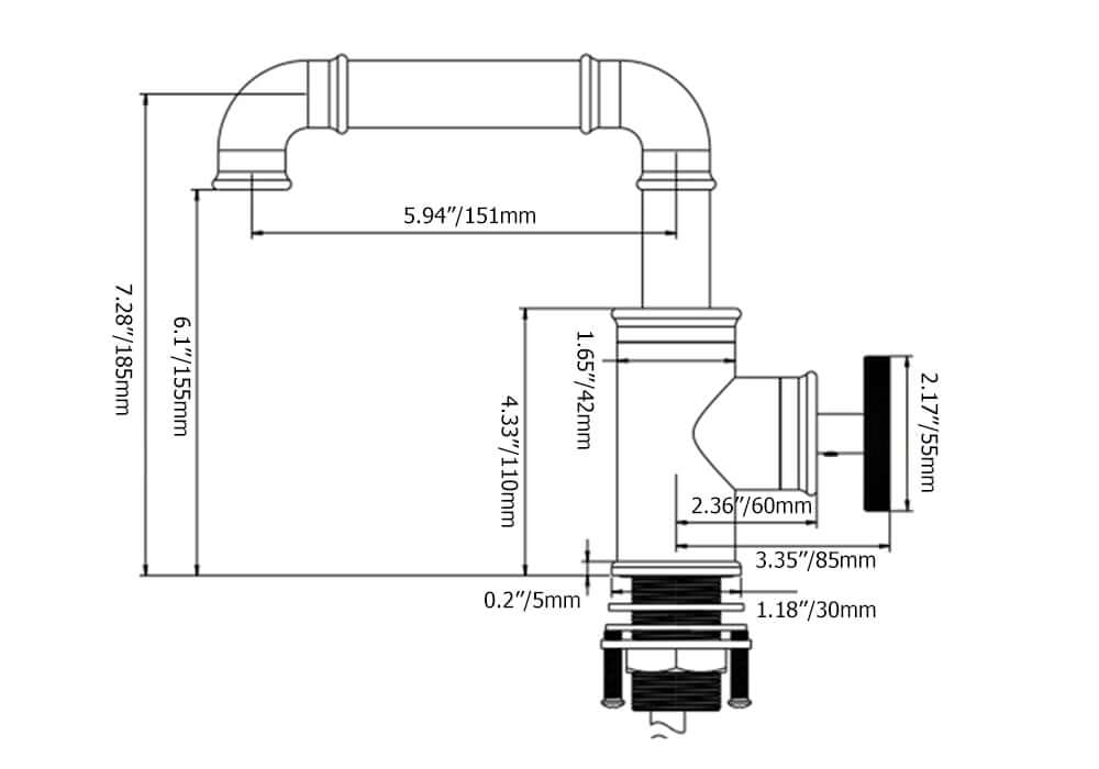 Ruth Collection Industrial Brass Bathroom Faucet with Knob Handle Dimensions