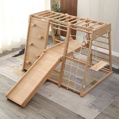 Scandinavian Solid Wood Climber with Swing, Slide & Rope Net for Toddlers