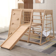 Scandinavian Solid Wood Climber with Swing, Slide & Rope Net for Toddlers