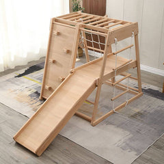 Scandinavian Solid Wood Climber with Swing, Slide & Rope Net for Toddlers