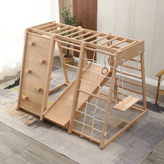 Scandinavian Solid Wood Climber with Swing, Slide & Rope Net for Toddlers