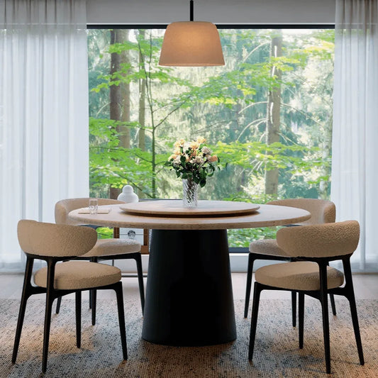Sculpted Travertine Dining Table with Lazy Susan and Dark Wood Pedestal