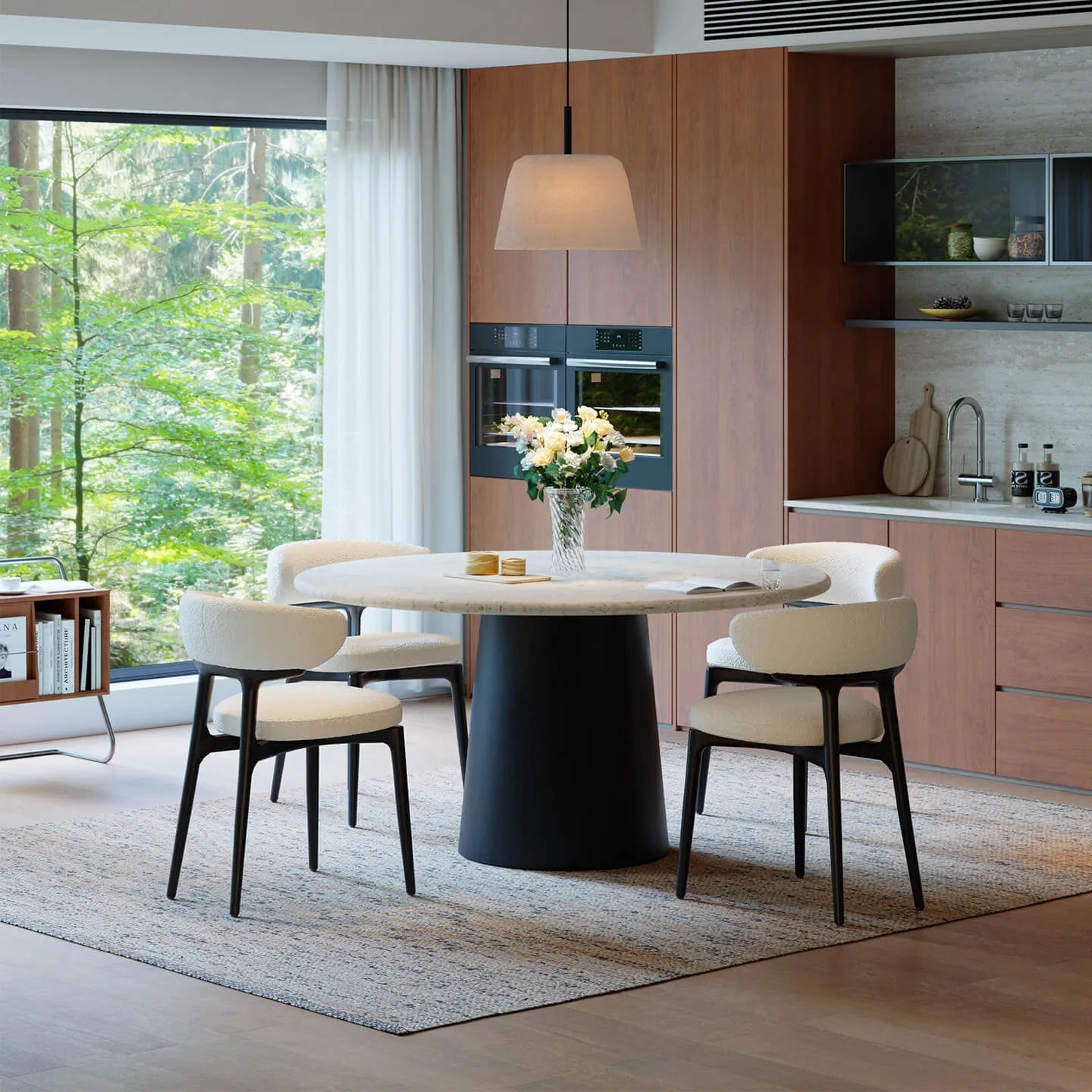 Sculpted Travertine Dining Table with Lazy Susan and Dark Wood Pedestal