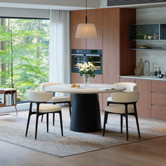 Sculpted Travertine Dining Table with Lazy Susan and Dark Wood Pedestal