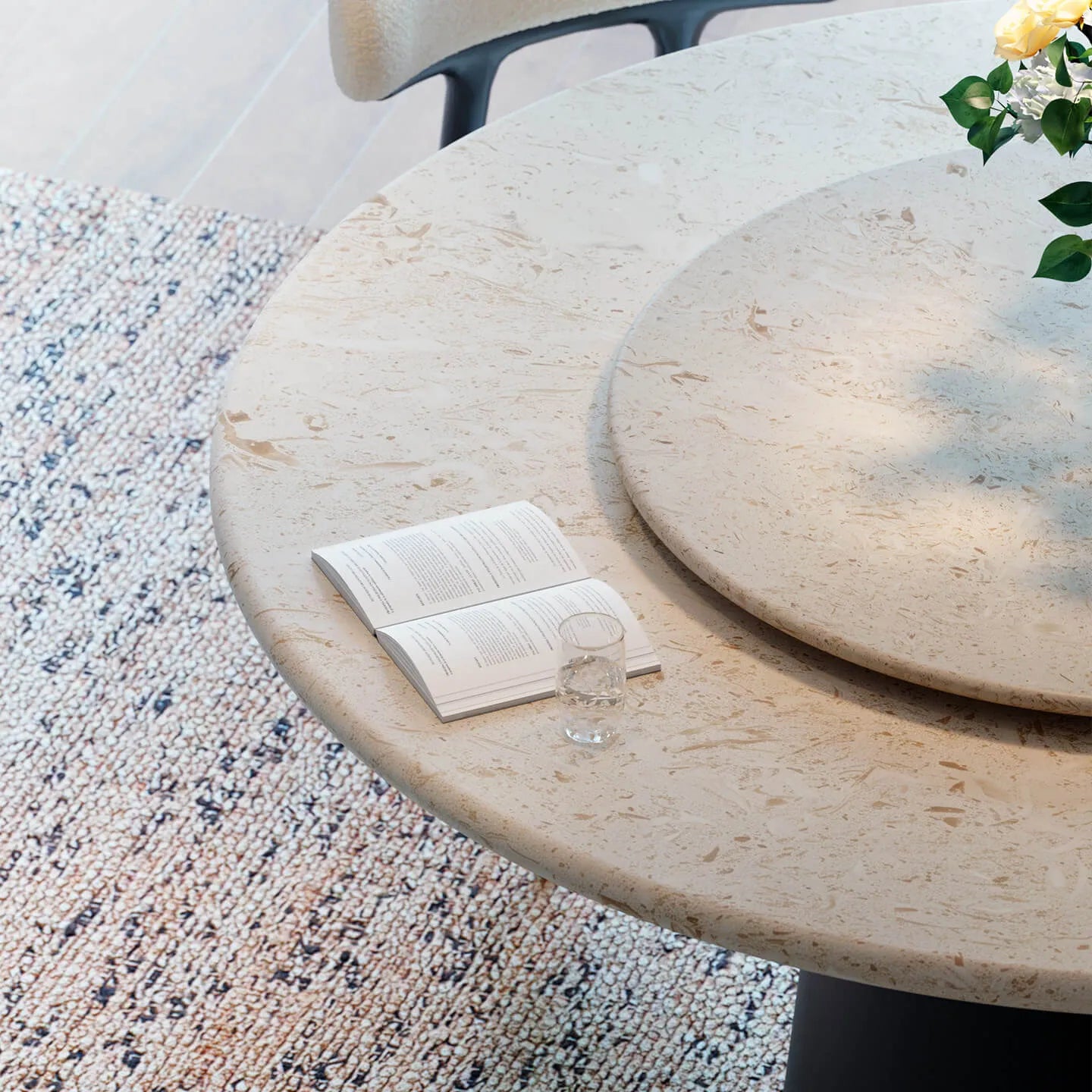 Sculpted Travertine Dining Table with Lazy Susan and Dark Wood Pedestal