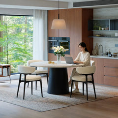Sculpted Travertine Dining Table with Lazy Susan and Dark Wood Pedestal