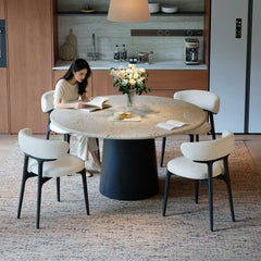 Sculpted Travertine Dining Table with Lazy Susan and Dark Wood Pedestal
