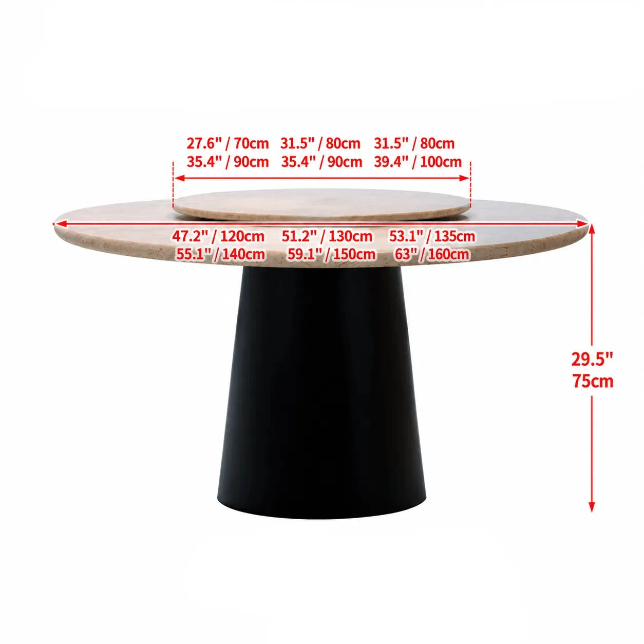 Sculpted Travertine Dining Table with Lazy Susan and Dark Wood Pedestal Dimensions
