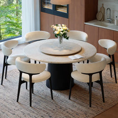Sculpted Travertine Dining Table with Lazy Susan and Dark Wood Pedestal Main Product Image