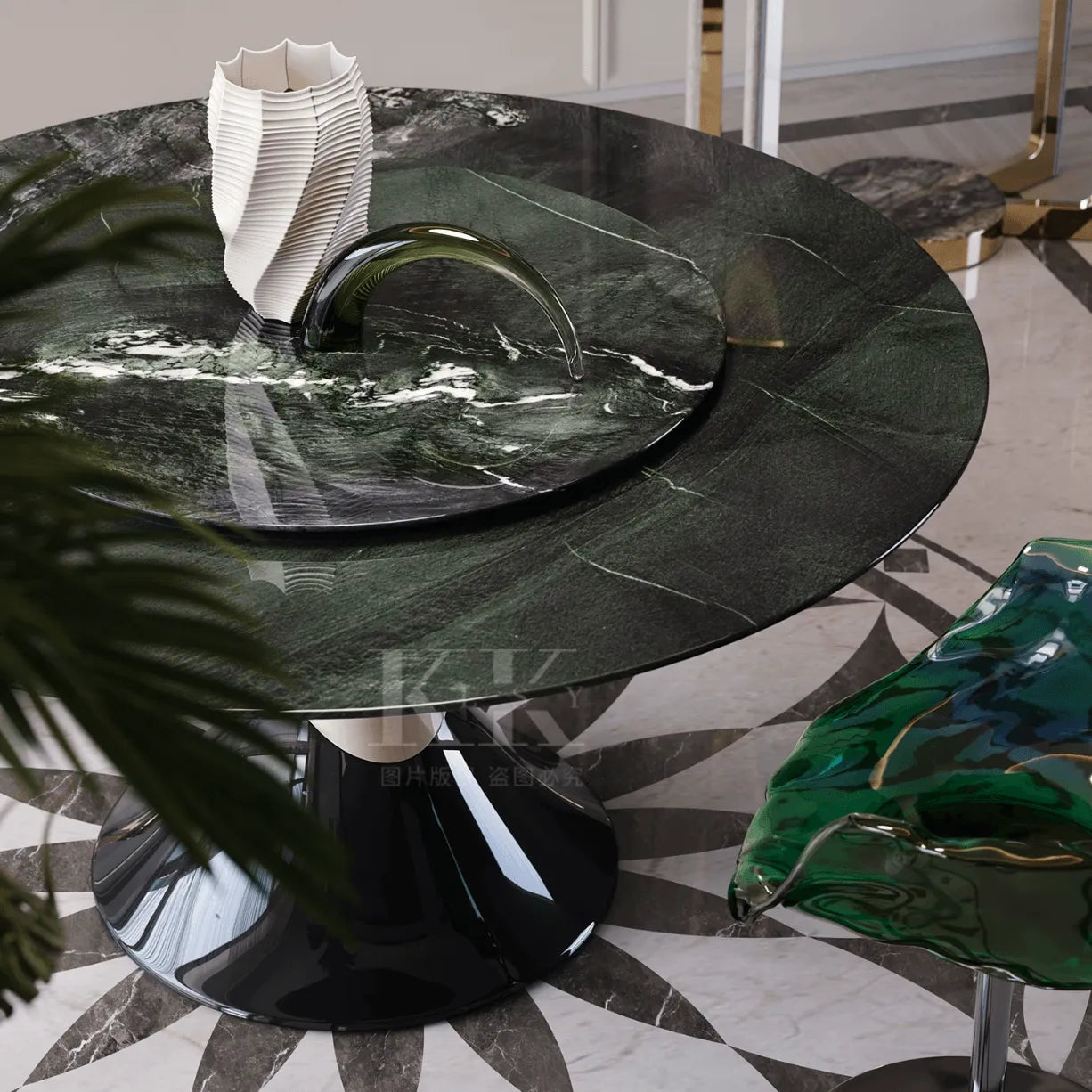 Sculptural Marble Dining Table Series with Lazy Susan and Curved Pedestal
