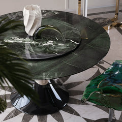 Sculptural Marble Dining Table Series with Lazy Susan and Curved Pedestal
