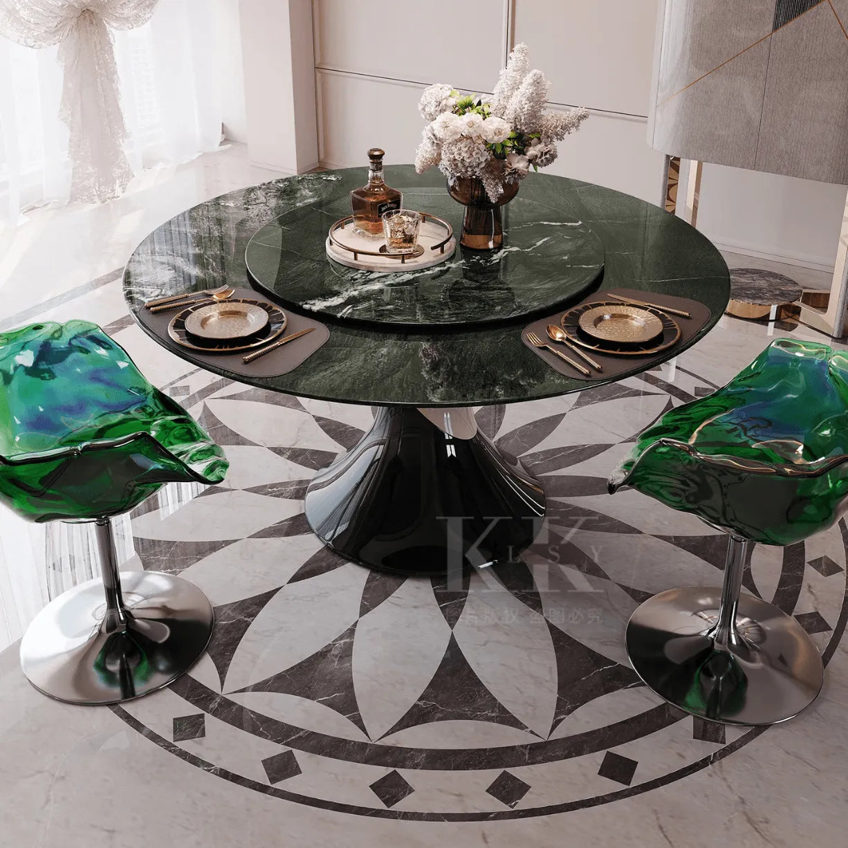 Sculptural Marble Dining Table Series with Lazy Susan and Curved Pedestal