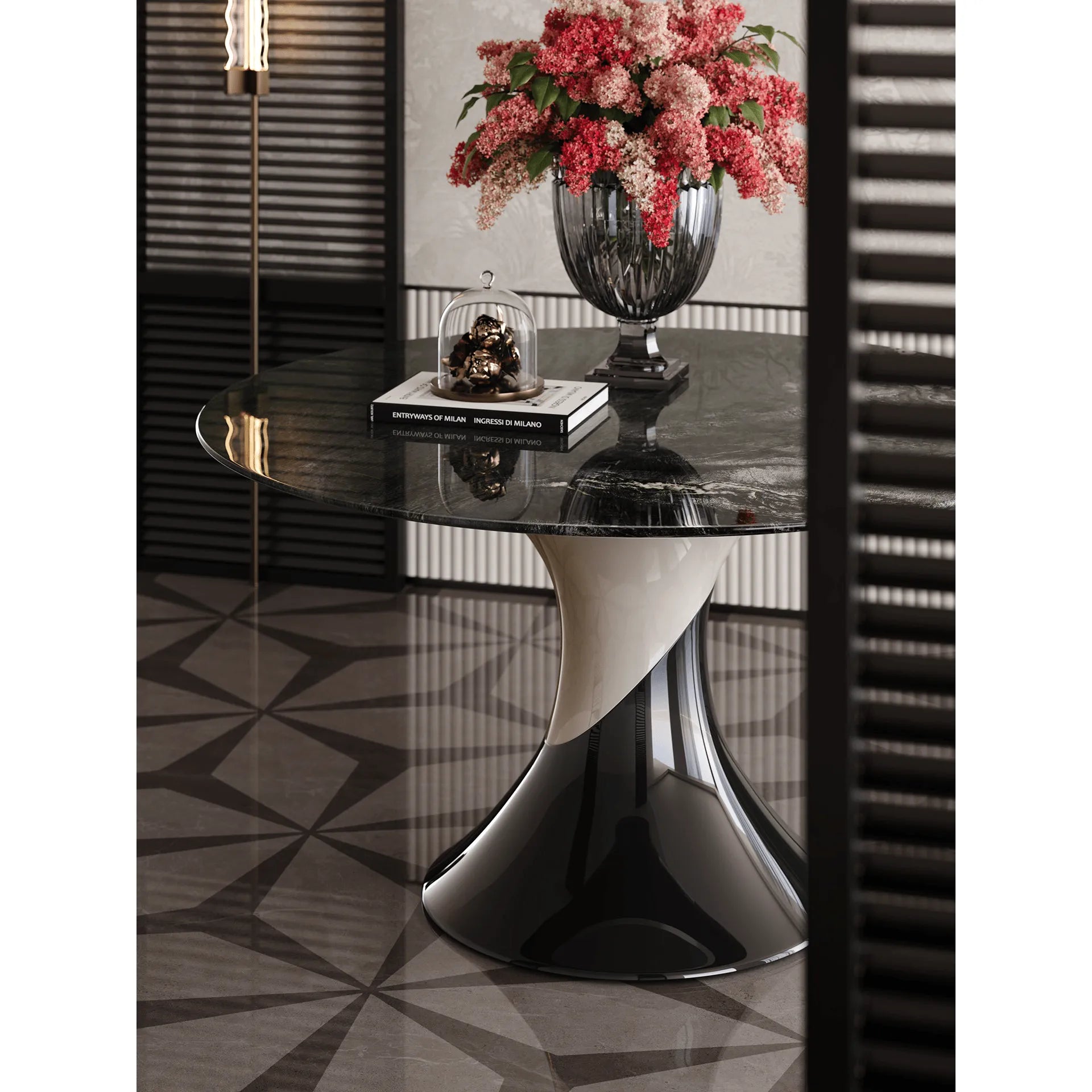 Sculptural Marble Dining Table Series with Lazy Susan and Curved Pedestal