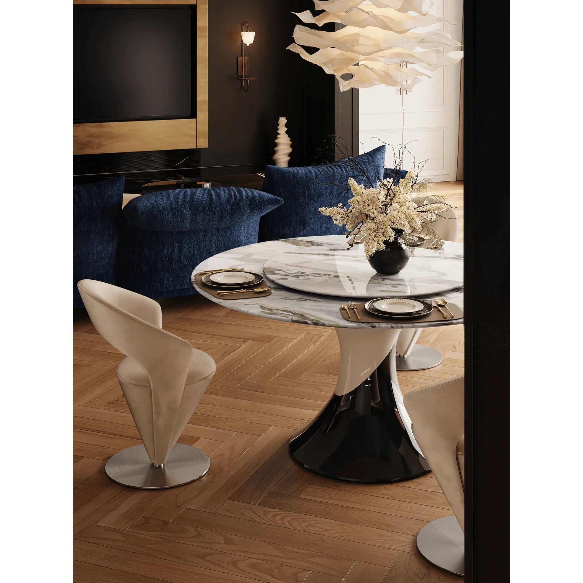 Sculptural Marble Dining Table Series with Lazy Susan and Curved Pedestal