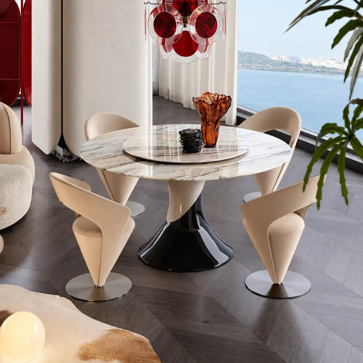Sculptural Marble Dining Table Series with Lazy Susan and Curved Pedestal