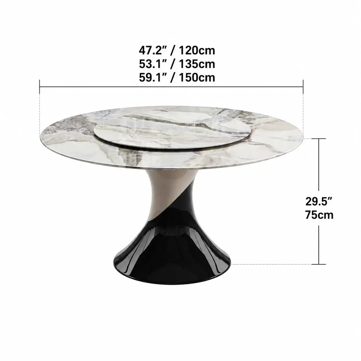 Sculptural Marble Dining Table Series with Lazy Susan and Curved Pedestal Dimensions