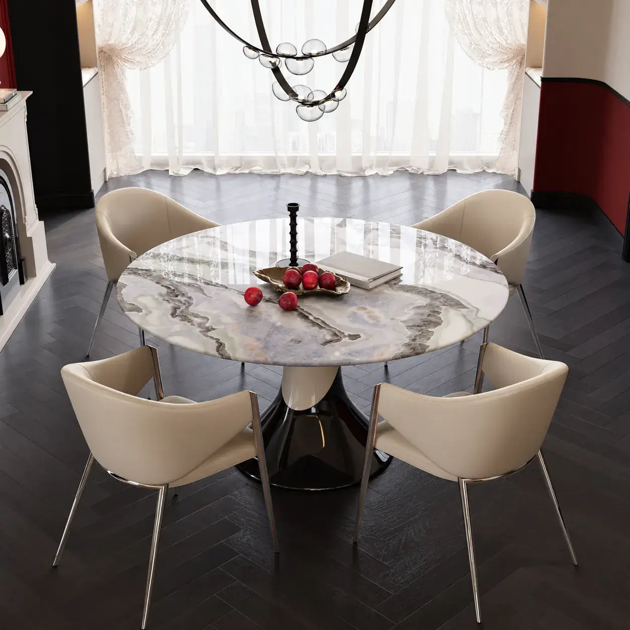 Sculptural Marble Dining Table Series with Lazy Susan and Curved Pedestal Main Product Image