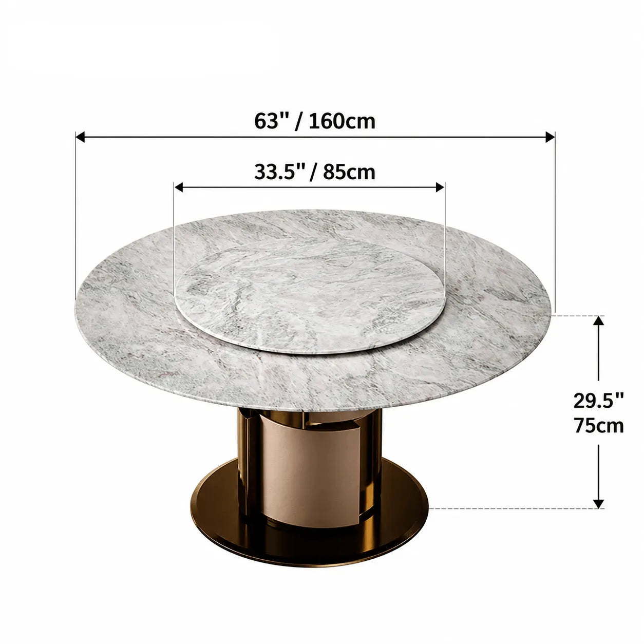 Sculptural Marble Dining Table with Lazy Susan and Warm Metallic Pedestal