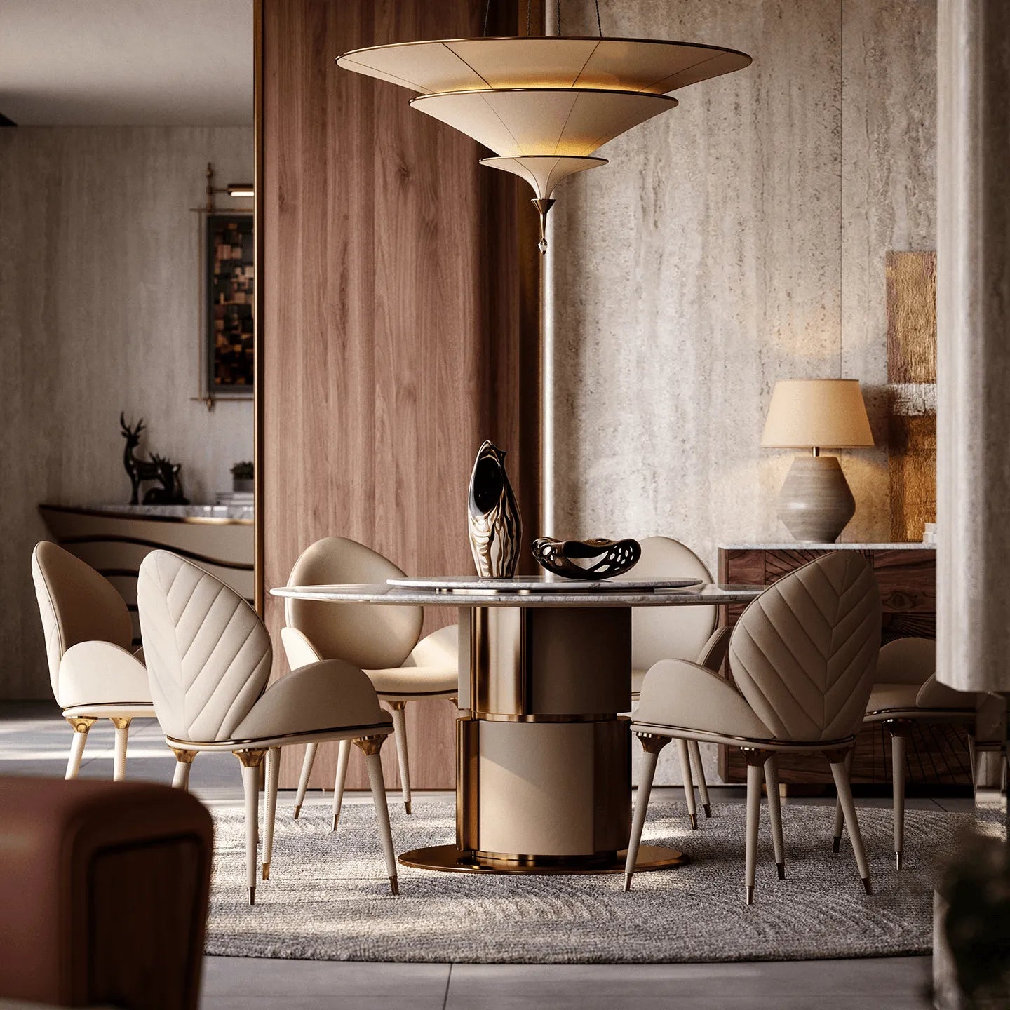 Sculptural Marble Dining Table with Lazy Susan and Warm Metallic Pedestal