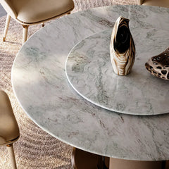 Sculptural Marble Dining Table with Lazy Susan and Warm Metallic Pedestal