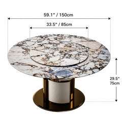 Sculptural Marble Dining Table with Lazy Susan and Warm Metallic Pedestal