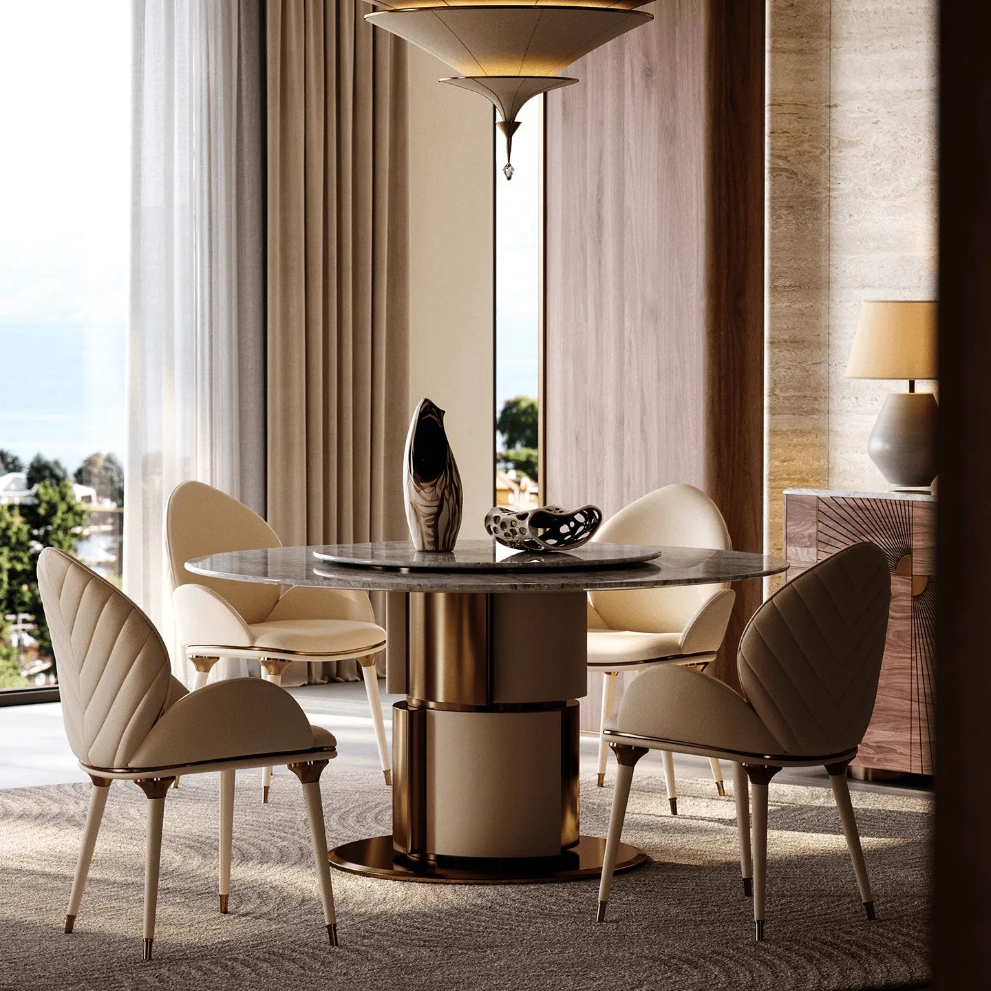 Sculptural Marble Dining Table with Lazy Susan and Warm Metallic Pedestal